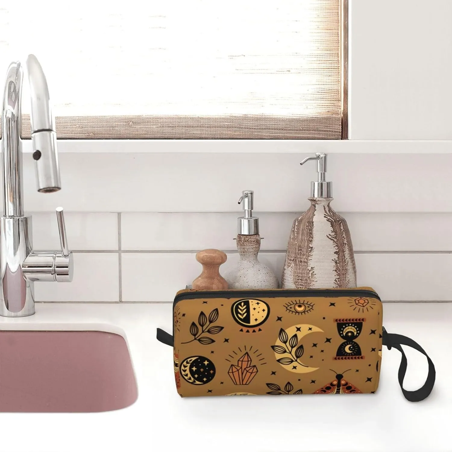 Mystical Moon & Star Makeup Bag Organizer Small Cosmetic Bags Compact Durable Oxford Fabric Multi-Purpose Storage Perfect for Travel, Gym, Daily Use