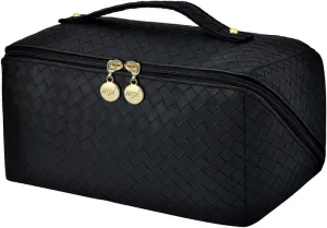 NGIL Travel Toiletry Bag, Makeup Bag, Cosmetic Bag, Portable Travel Makeup Bag, Large Capacity Cosmetic Organizer for Women, FREE COMPACT MIRROR INCLUDED (Basket Weave Style-Black, Large)