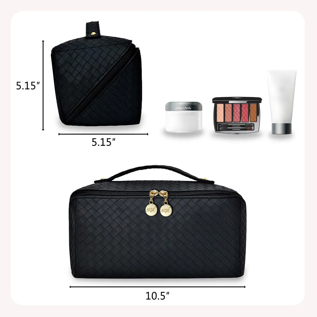 NGIL Travel Toiletry Bag, Makeup Bag, Cosmetic Bag, Portable Travel Makeup Bag, Large Capacity Cosmetic Organizer for Women, FREE COMPACT MIRROR INCLUDED (Basket Weave Style-Black, Large)