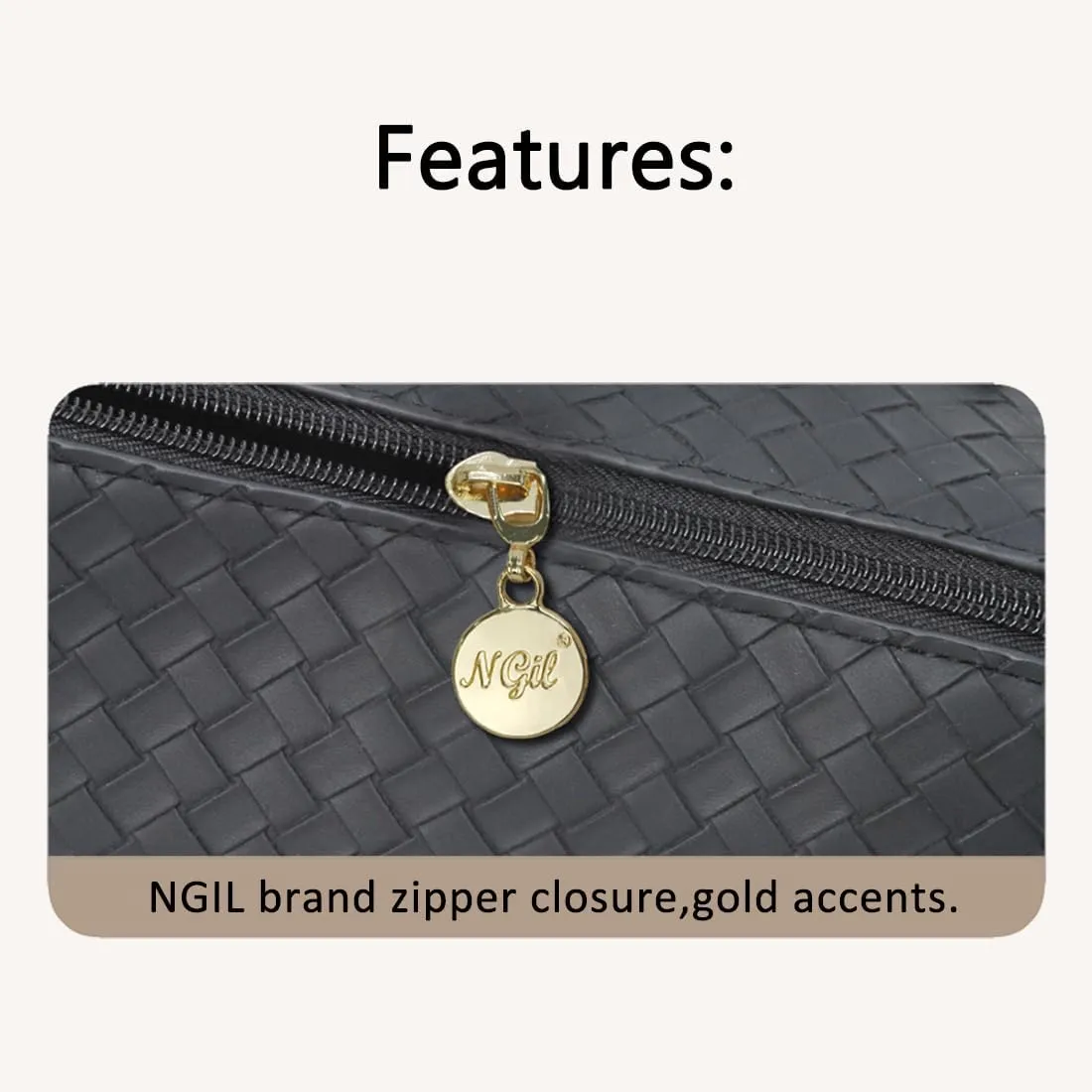 NGIL Travel Toiletry Bag, Makeup Bag, Cosmetic Bag, Portable Travel Makeup Bag, Large Capacity Cosmetic Organizer for Women, FREE COMPACT MIRROR INCLUDED (Basket Weave Style-Black, Large)