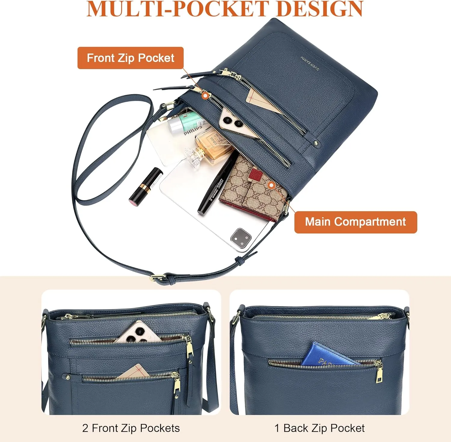 Over Earth Crossbody Bags for Women Leather Purses for Ladies with Multiple Pockets