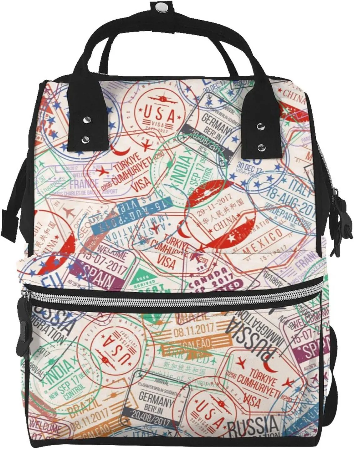 Passport Stamp Diaper Bag Backpack Large Capacity Multifunction with Insulated Pockets Waterproof Baby Diaper Bags Baby Travel Essentials for Dads, Moms, Newborns
