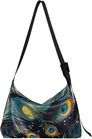 Peacock Feathers Black Tote Bag for Women Large Hobo Bags Leather Crossbody Bags Leather Bags with Adjustable Strap for Travel School