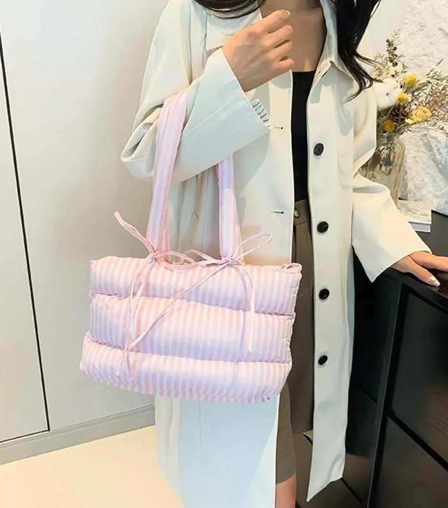 Quilted Bow-Tie Tote Bags for Women Cute Stripe Puffer Hobo Bags for Women Bowknot Shoulder Bag Purses Clutch Office Tote