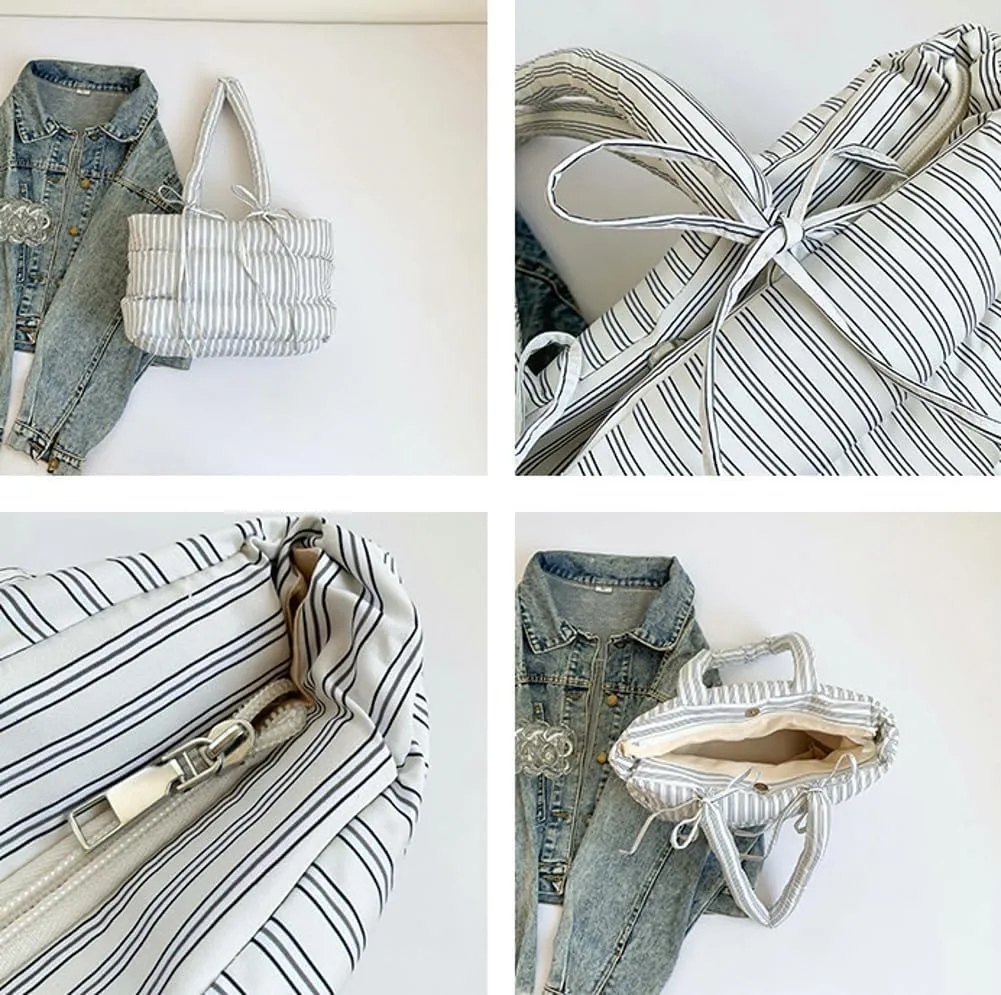 Quilted Bow-Tie Tote Bags for Women Cute Stripe Puffer Hobo Bags for Women Bowknot Shoulder Bag Purses Clutch Office Tote