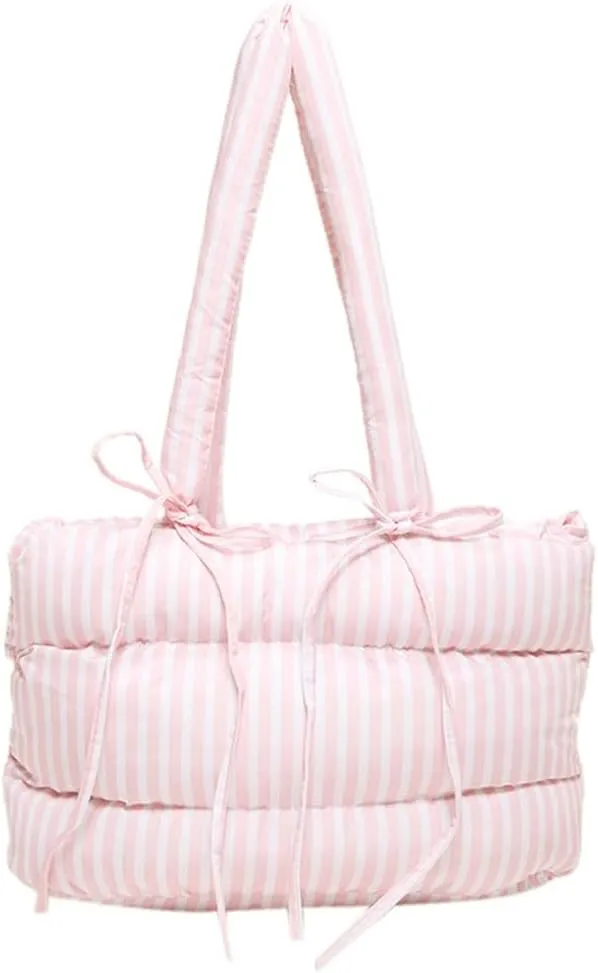 Quilted Bow-Tie Tote Bags for Women Cute Stripe Puffer Hobo Bags for Women Bowknot Shoulder Bag Purses Clutch Office Tote
