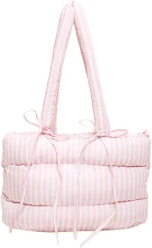 Quilted Bow-Tie Tote Bags for Women Cute Stripe Puffer Hobo Bags for Women Bowknot Shoulder Bag Purses Clutch Office Tote