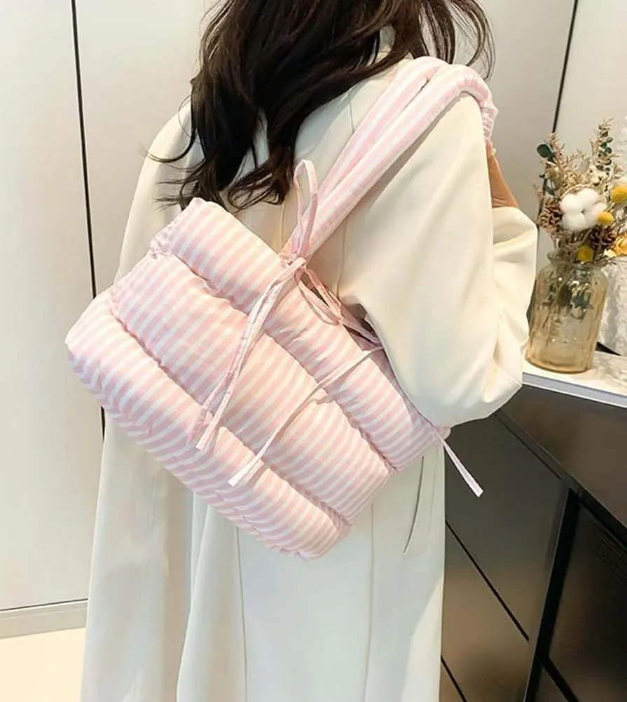 Quilted Bow-Tie Tote Bags for Women Cute Stripe Puffer Hobo Bags for Women Bowknot Shoulder Bag Purses Clutch Office Tote