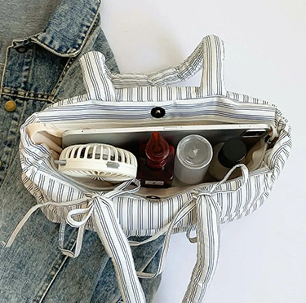 Quilted Bow-Tie Tote Bags for Women Cute Stripe Puffer Hobo Bags for Women Bowknot Shoulder Bag Purses Clutch Office Tote