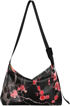 Red Plum Flower Tote Bag for Women Large Hobo Bags Crossbody Tote Bags Leather Hobo Bags with Adjustable Strap for Women Men