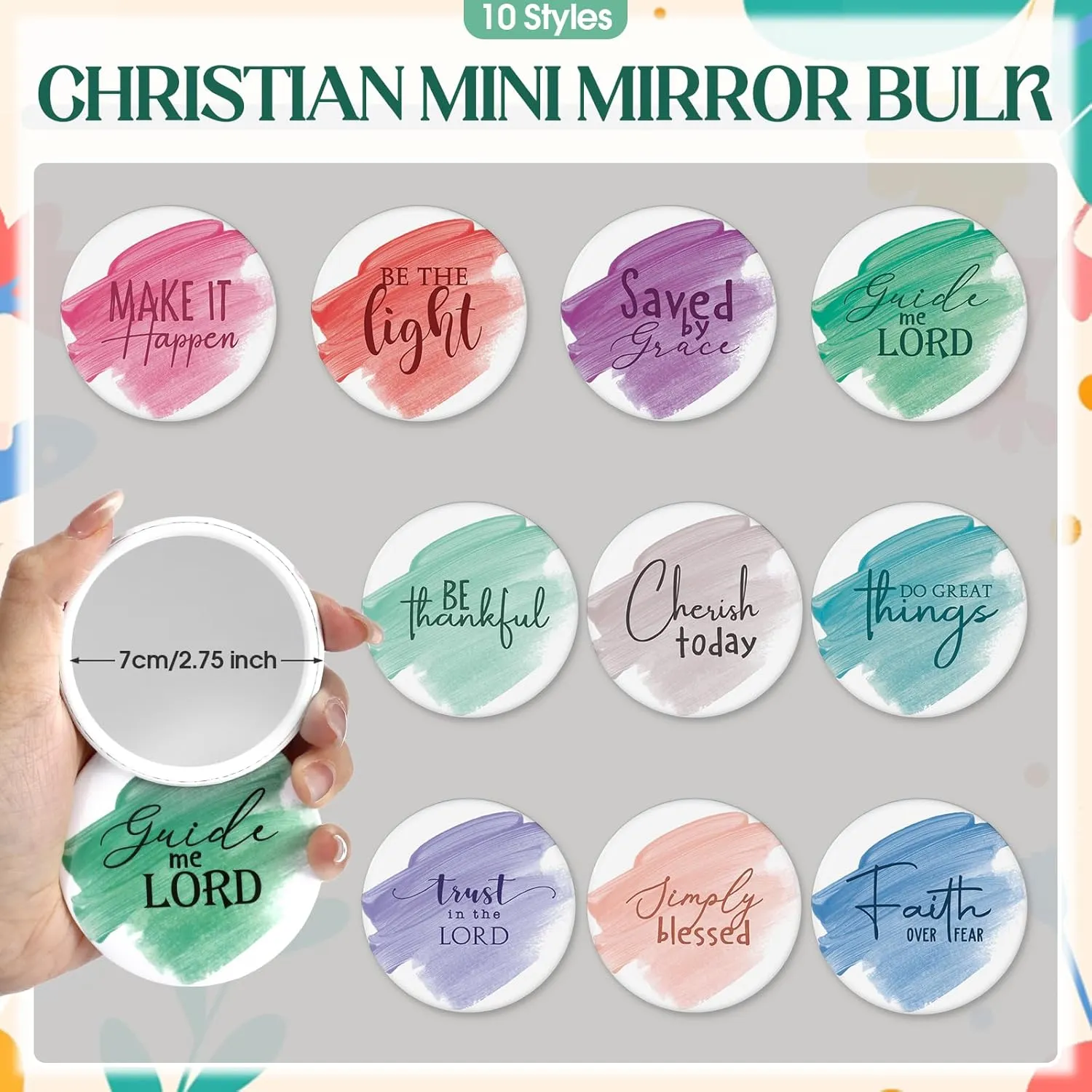 Reginary 10 Sets Christian Gifts for Women Include 10 Religious Canvas Makeup Bags with 10 Bible Verse Compact Mirrors Church Inspirational Gifts for Travel Mom Sister(Watercolor,Phrase Style)