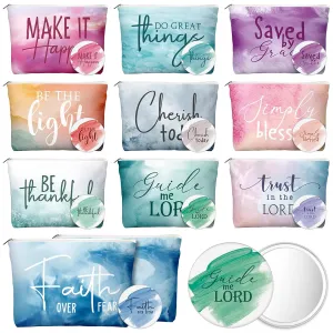 Reginary 10 Sets Christian Gifts for Women Include 10 Religious Canvas Makeup Bags with 10 Bible Verse Compact Mirrors Church Inspirational Gifts for Travel Mom Sister(Watercolor,Phrase Style)