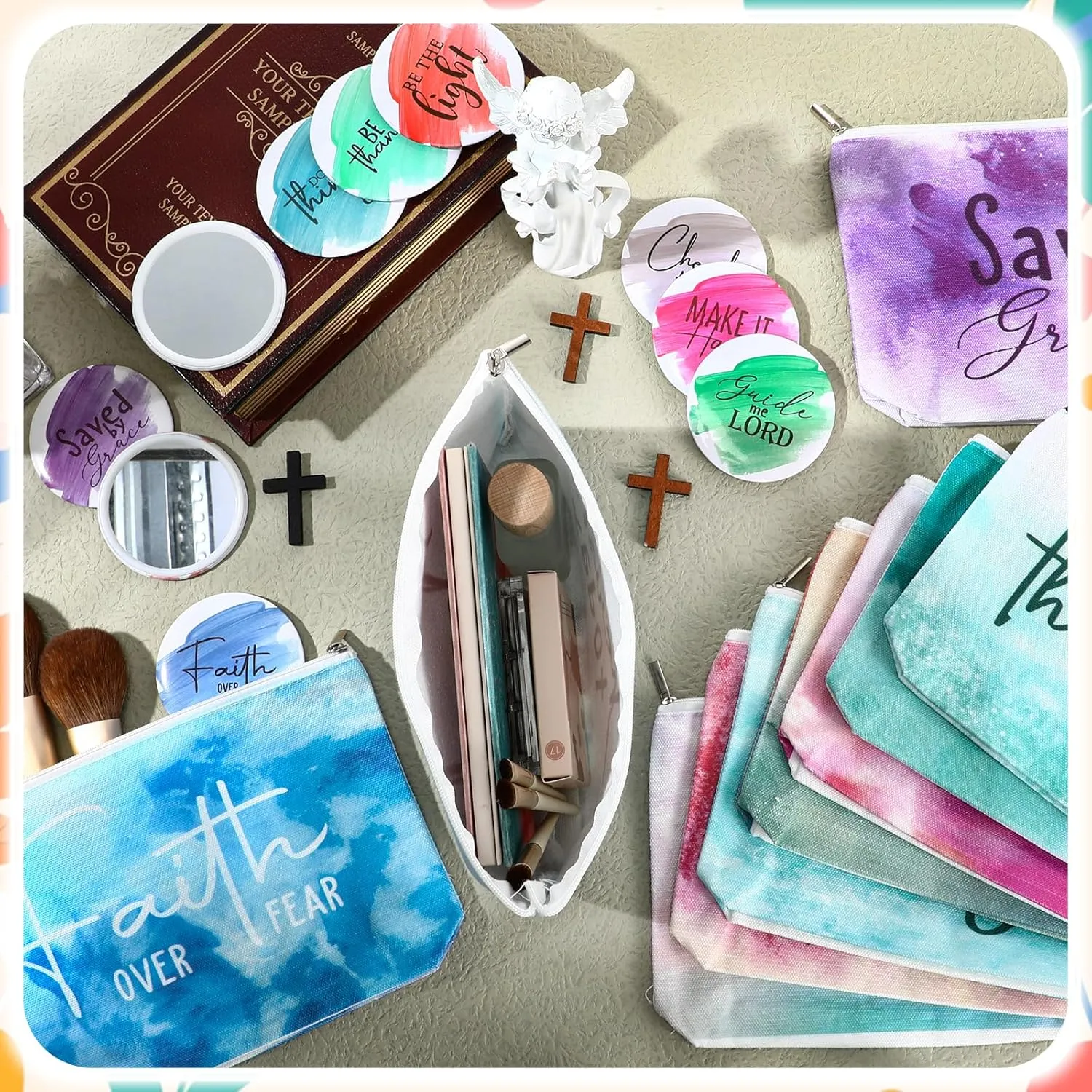 Reginary 10 Sets Christian Gifts for Women Include 10 Religious Canvas Makeup Bags with 10 Bible Verse Compact Mirrors Church Inspirational Gifts for Travel Mom Sister(Watercolor,Phrase Style)