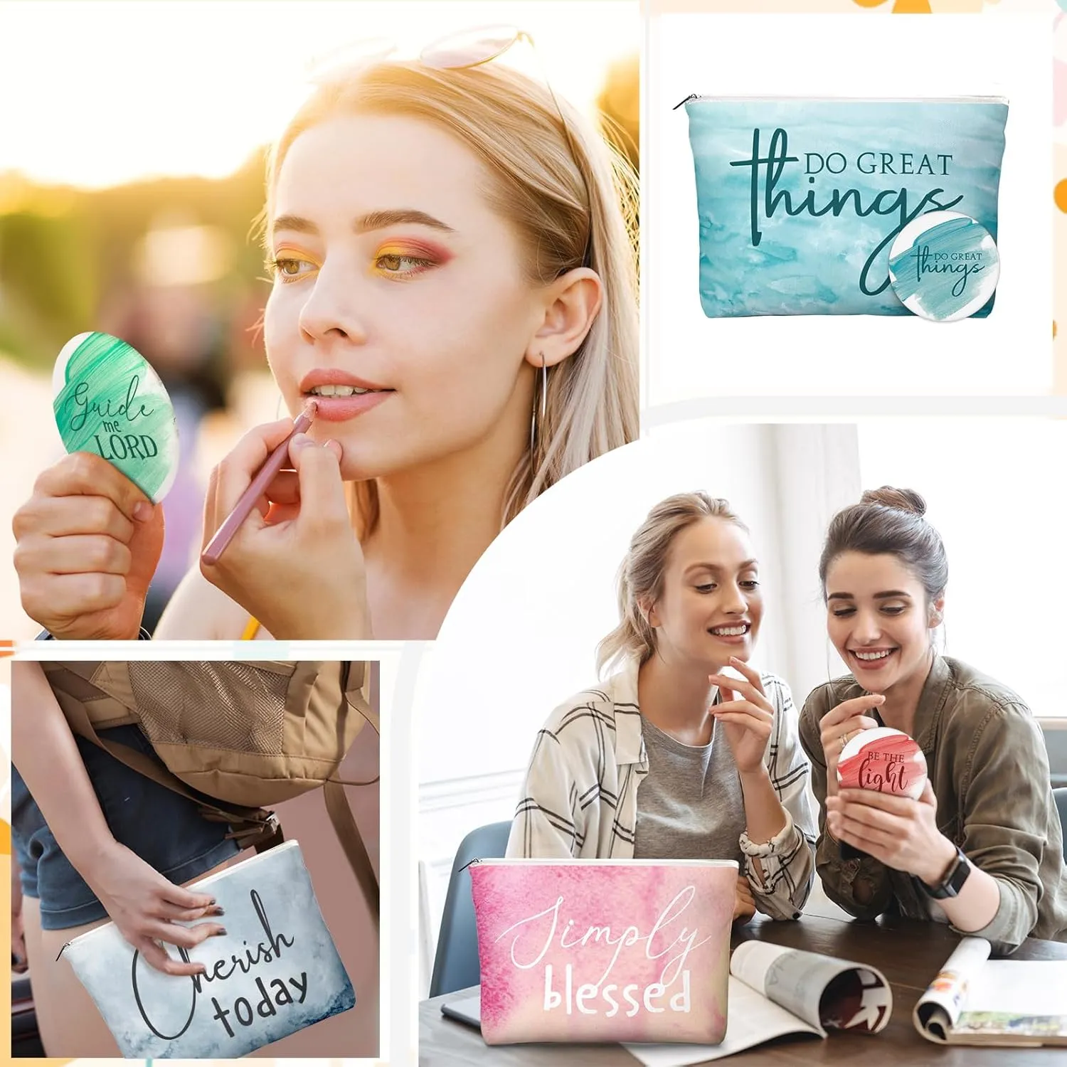 Reginary 10 Sets Christian Gifts for Women Include 10 Religious Canvas Makeup Bags with 10 Bible Verse Compact Mirrors Church Inspirational Gifts for Travel Mom Sister(Watercolor,Phrase Style)