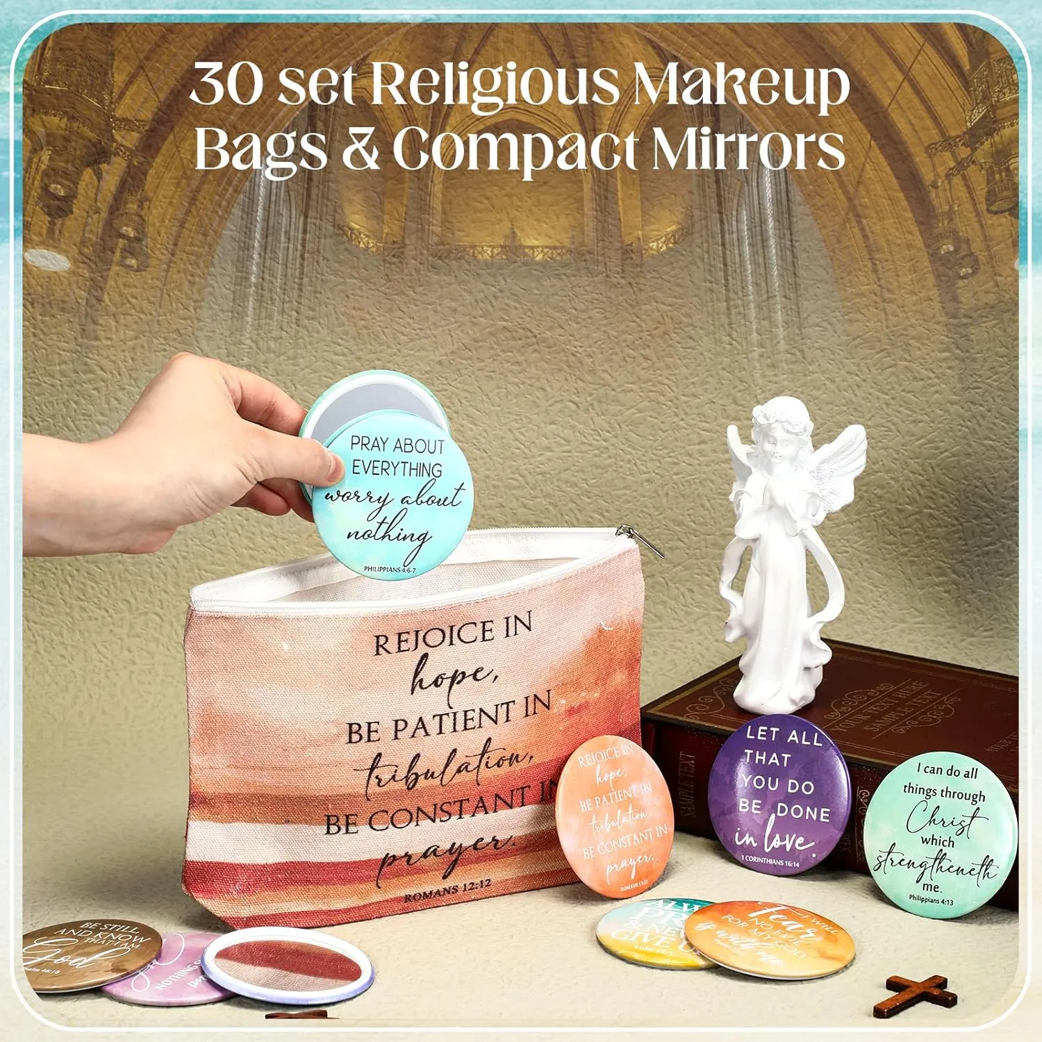 Reginary 30 Set Christian Gifts for Women include 30 Religious Canvas Makeup Bags 30 Bible Verse Compact Mirrors Church Inspirational Gifts for Mother Sister Travel(Bright Colors,Abstract Style)