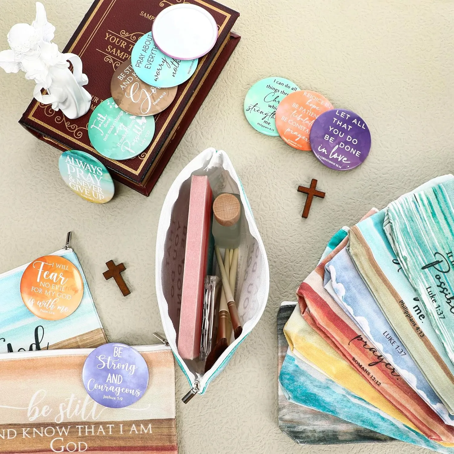 Reginary 30 Set Christian Gifts for Women include 30 Religious Canvas Makeup Bags 30 Bible Verse Compact Mirrors Church Inspirational Gifts for Mother Sister Travel(Bright Colors,Abstract Style)