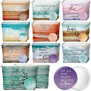 Reginary 30 Set Christian Gifts for Women include 30 Religious Canvas Makeup Bags 30 Bible Verse Compact Mirrors Church Inspirational Gifts for Mother Sister Travel(Bright Colors,Abstract Style)