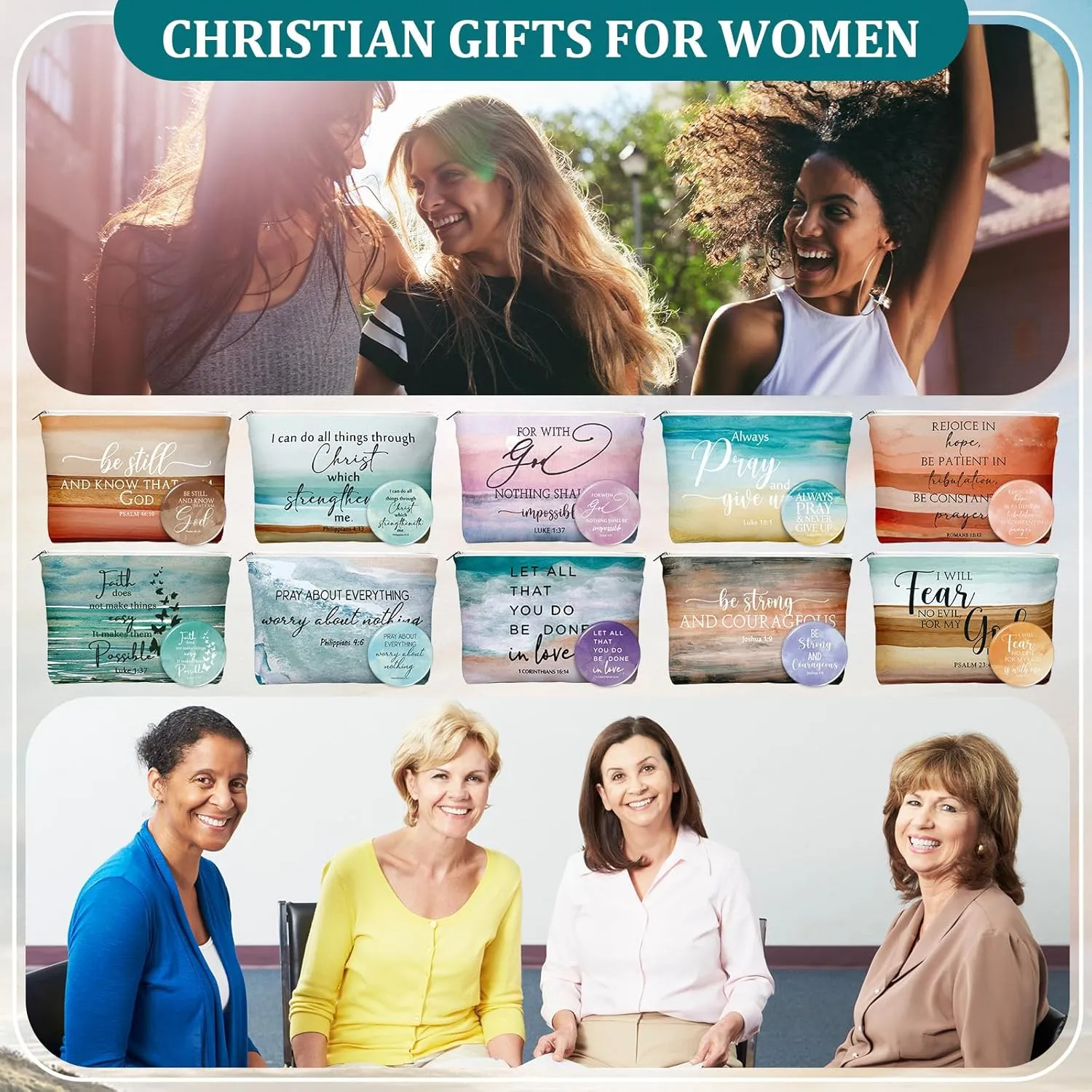 Reginary 30 Set Christian Gifts for Women include 30 Religious Canvas Makeup Bags 30 Bible Verse Compact Mirrors Church Inspirational Gifts for Mother Sister Travel(Bright Colors,Abstract Style)
