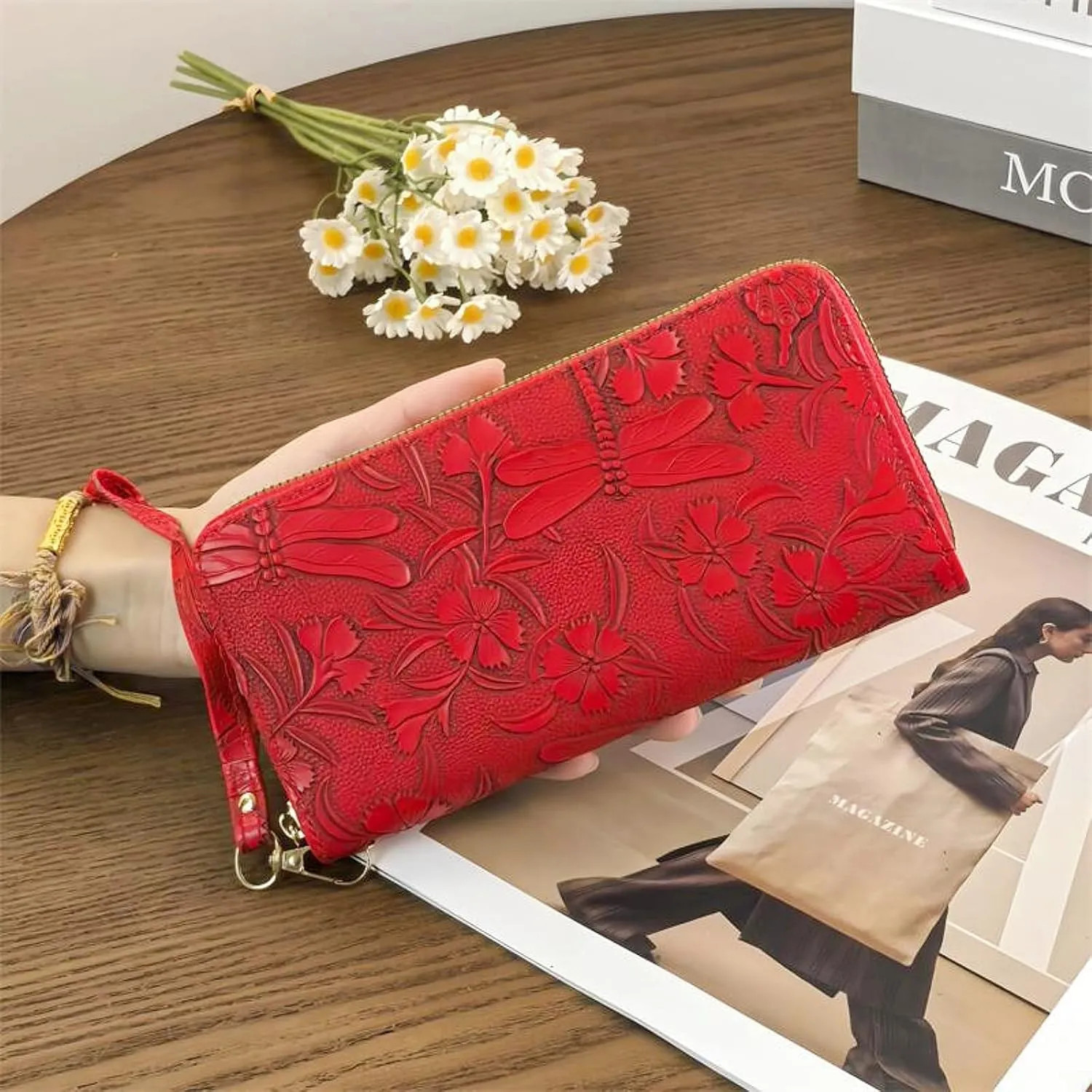 RFID Wallets for Women Wristlet Vegan Leather Long Purse Floral Zip Around Clutch Large Capacity Card Holder