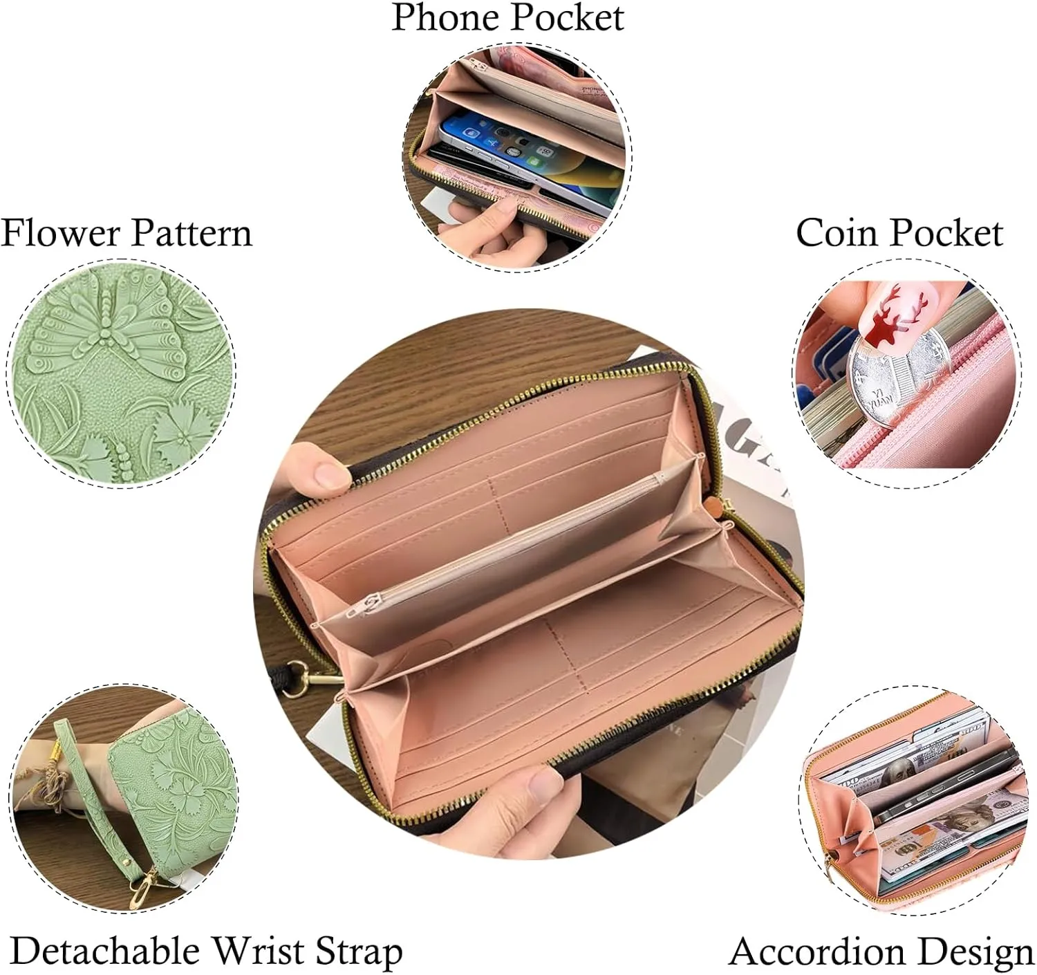 RFID Wallets for Women Wristlet Vegan Leather Long Purse Floral Zip Around Clutch Large Capacity Card Holder