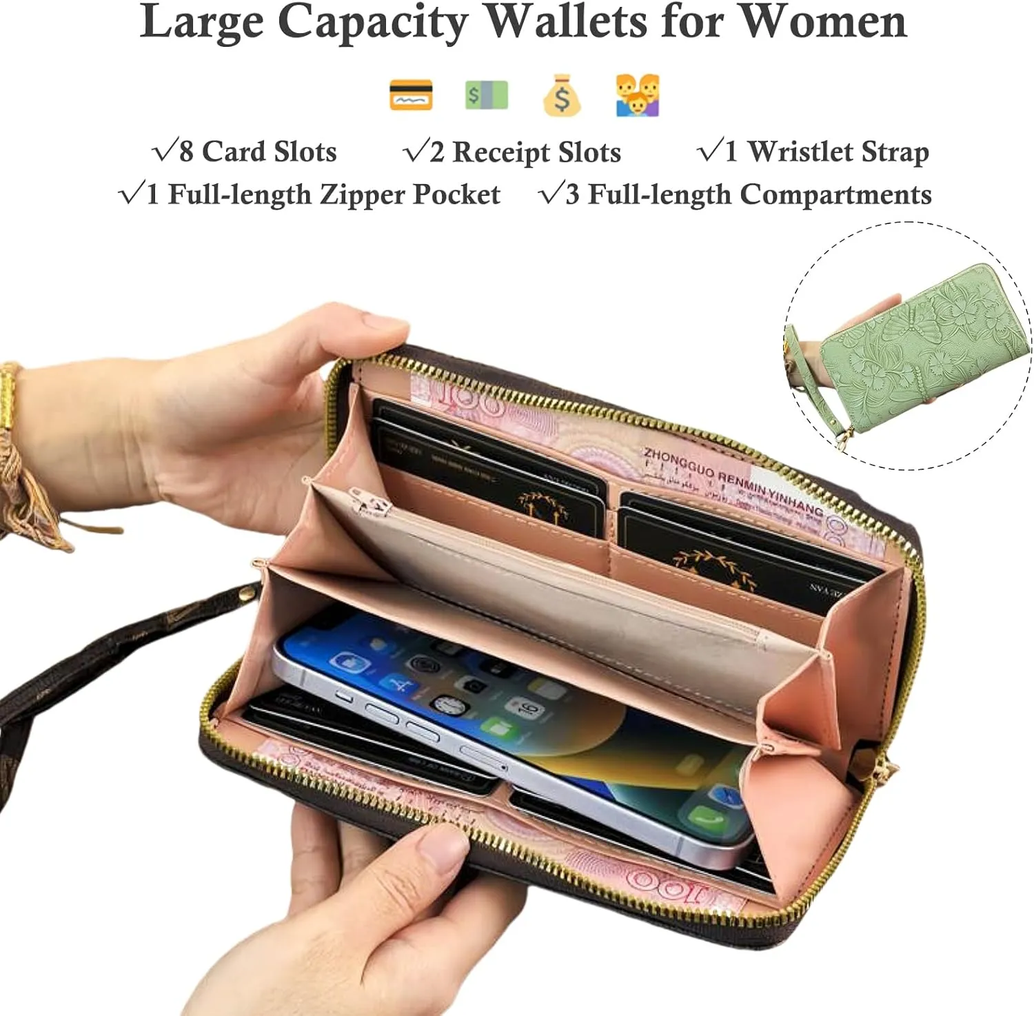 RFID Wallets for Women Wristlet Vegan Leather Long Purse Floral Zip Around Clutch Large Capacity Card Holder