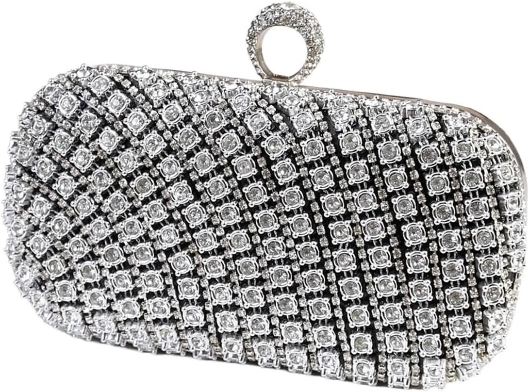 Rhinestone Bags Rhinestone Covering Surface Exquisite Ladies Party Clutch Bag Silver Color Circular Ring Evening Bags