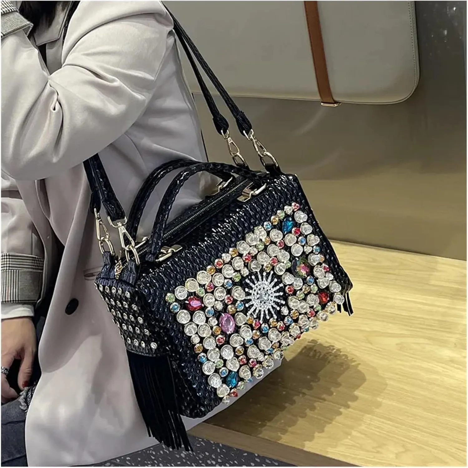 Rhinestone Bags Women's Handbag Leather Tassel Rhinestone Large Capacity Female Shoulder Crossbody Bags