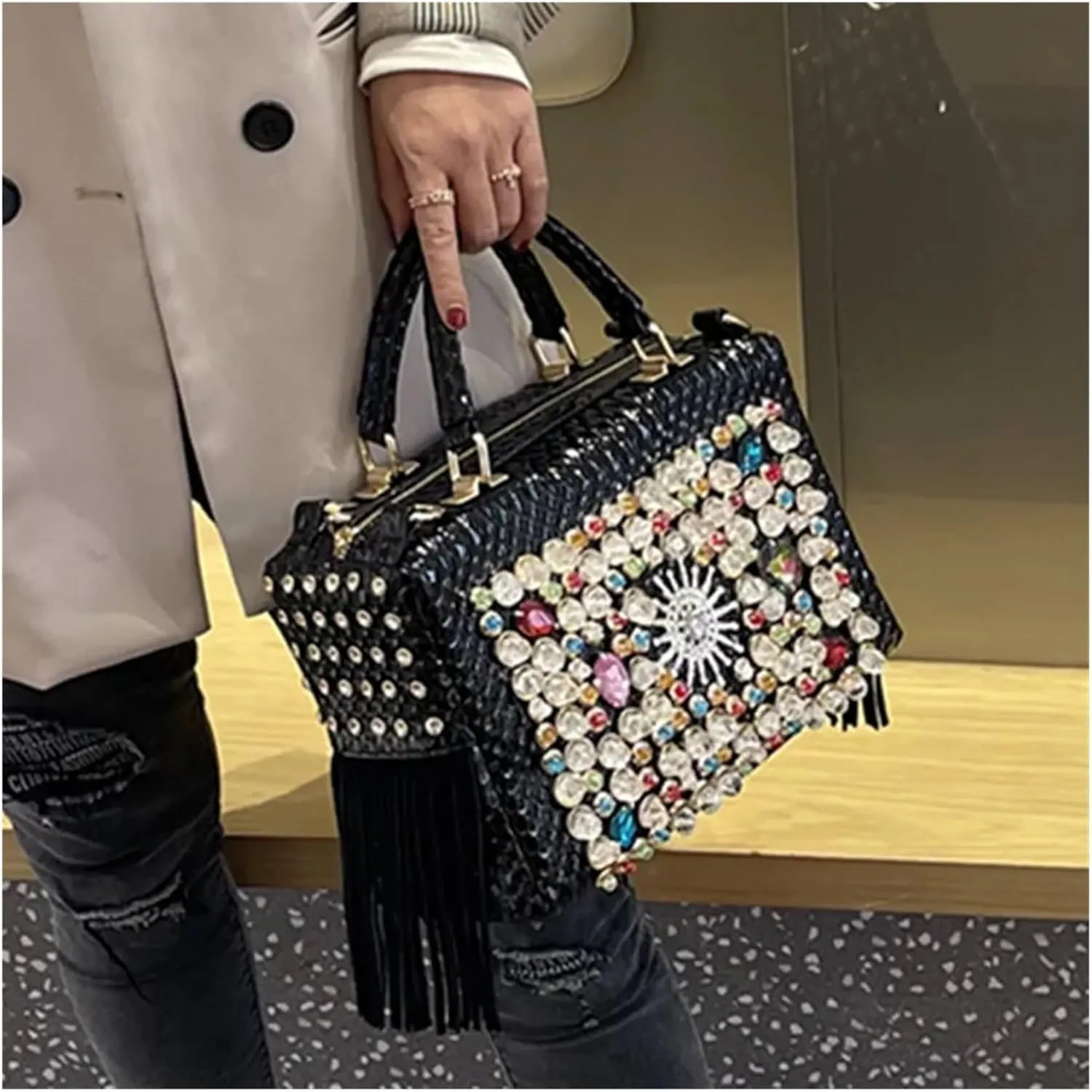 Rhinestone Bags Women's Handbag Leather Tassel Rhinestone Large Capacity Female Shoulder Crossbody Bags