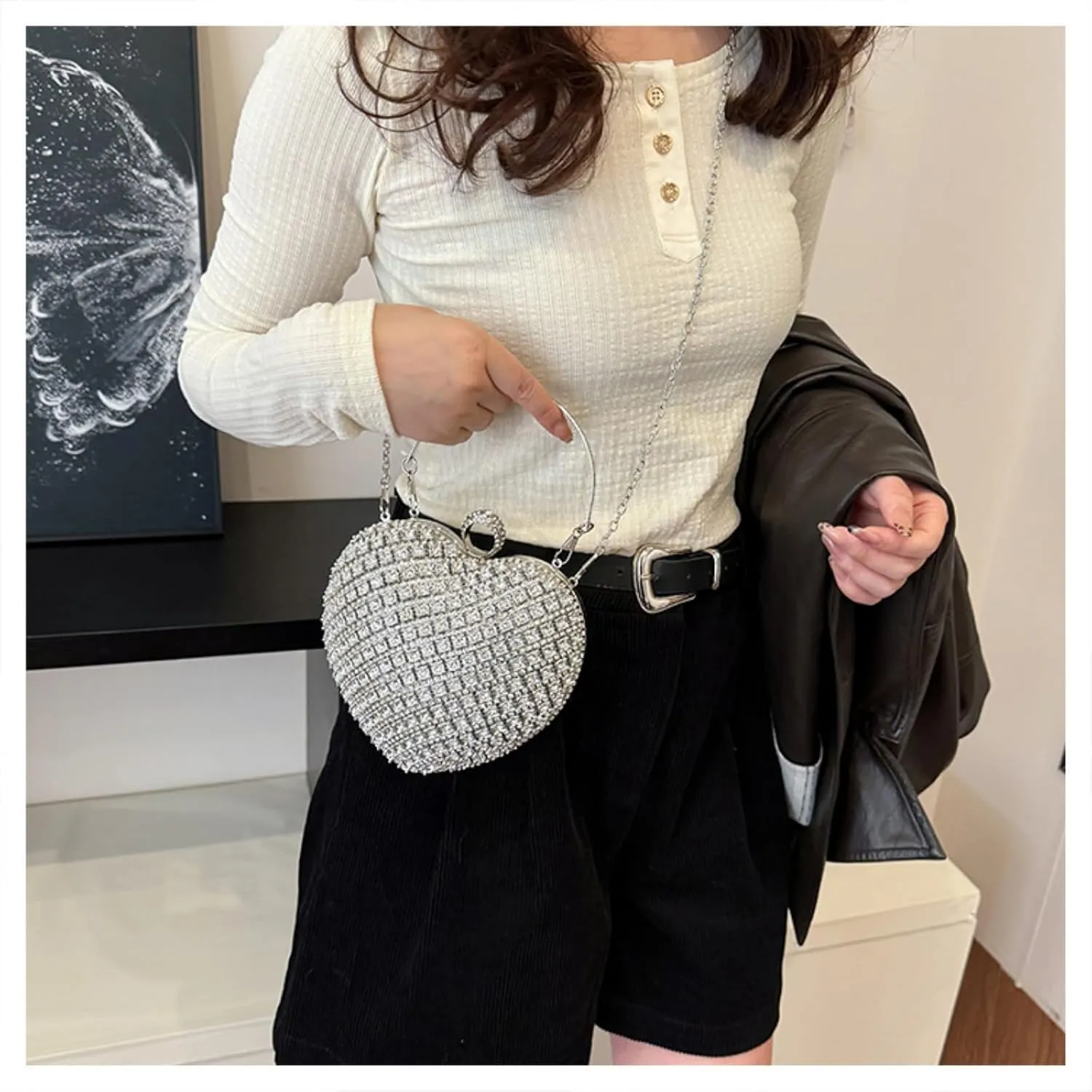 Rhinestones Heart Shape Clutch Purses for Women, Cute Crossbody Evening Bag Solid Shoulder Handbag Cocktail Prom