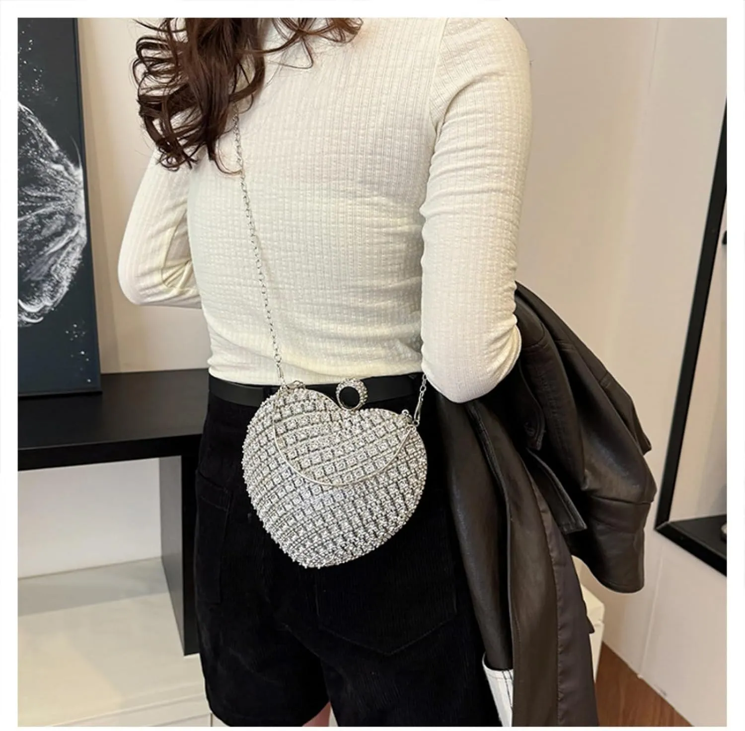 Rhinestones Heart Shape Clutch Purses for Women, Cute Crossbody Evening Bag Solid Shoulder Handbag Cocktail Prom