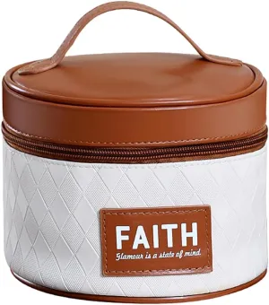 Round Makeup Bag, Compact Travel Case for Skincare, Cosmetic Case for Traveling, Diamond Texture Round Travel Case with Wide Handle (Brown)