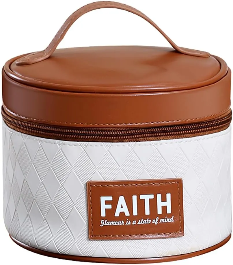 Round Makeup Bag, Compact Travel Case for Skincare, Cosmetic Case for Traveling, Diamond Texture Round Travel Case with Wide Handle (Brown)