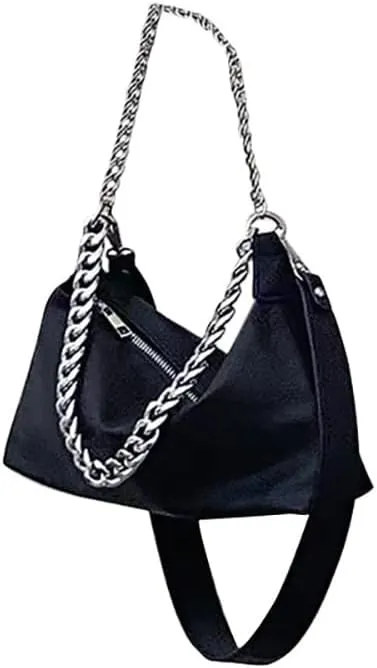 Ruby Lil Black Soft PU Leather Hobo Bags, Women's Shoulder Bags Casual with Silver Chain