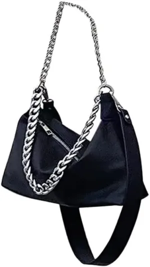 Ruby Lil Black Soft PU Leather Hobo Bags, Women's Shoulder Bags Casual with Silver Chain