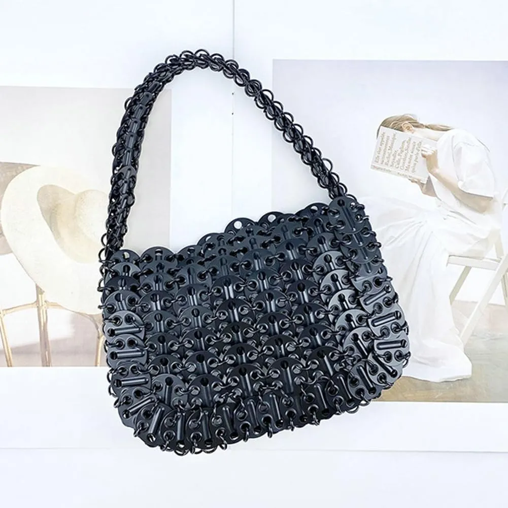 Rungion Womens Acrylic Metal Sequins Purses Handmade Woven Small Shiny Y2k Shoulder Bags Evening Party Handbags Clutch