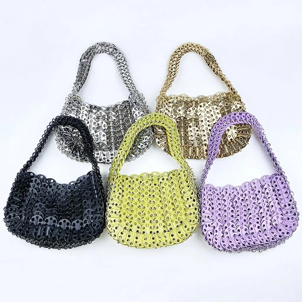 Rungion Womens Acrylic Metal Sequins Purses Handmade Woven Small Shiny Y2k Shoulder Bags Evening Party Handbags Clutch