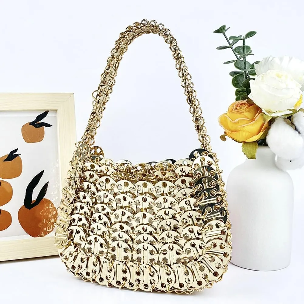 Rungion Womens Acrylic Metal Sequins Purses Handmade Woven Small Shiny Y2k Shoulder Bags Evening Party Handbags Clutch