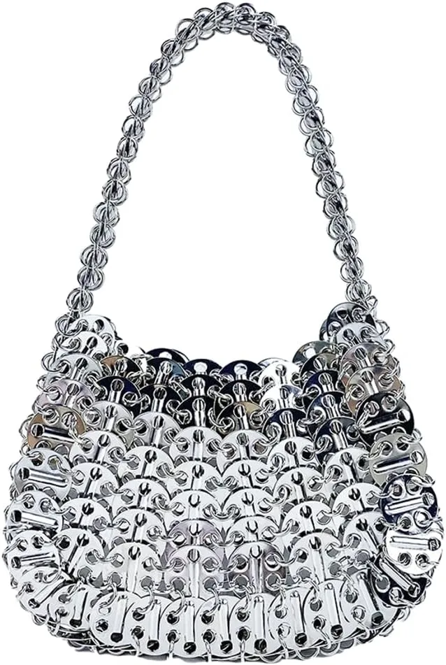 Rungion Womens Acrylic Metal Sequins Purses Handmade Woven Small Shiny Y2k Shoulder Bags Evening Party Handbags Clutch