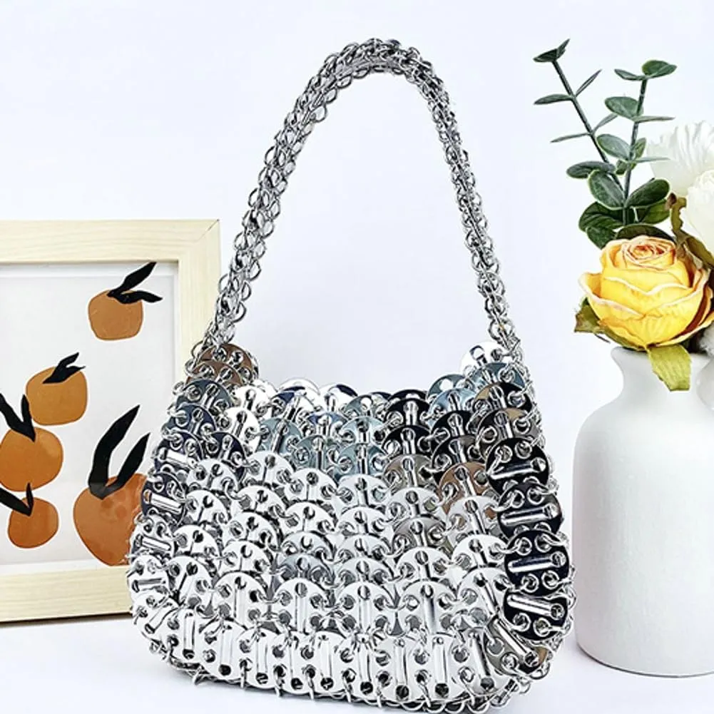 Rungion Womens Acrylic Metal Sequins Purses Handmade Woven Small Shiny Y2k Shoulder Bags Evening Party Handbags Clutch