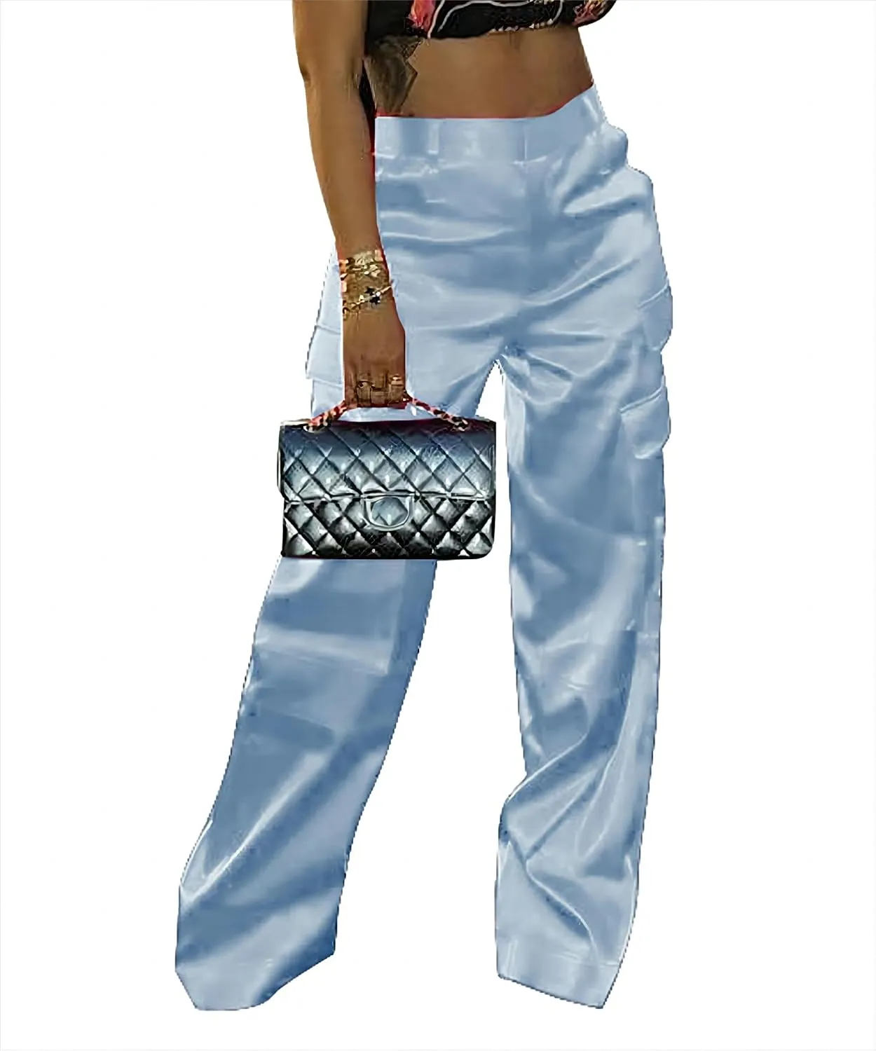 Satin Cargo Pants for Women High Waisted Wide Leg Trouser Multiple Pockets
