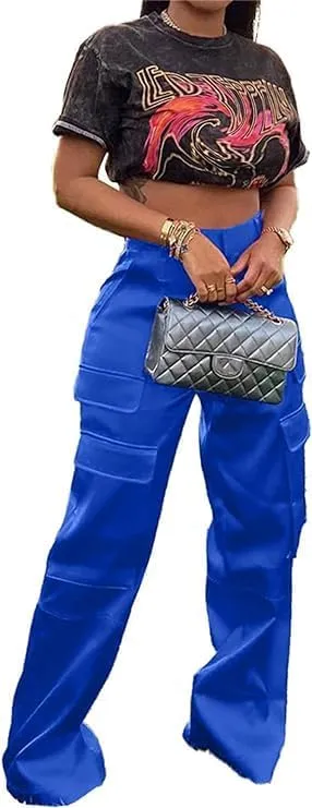 Satin Cargo Pants for Women High Waisted Wide Leg Trouser Multiple Pockets