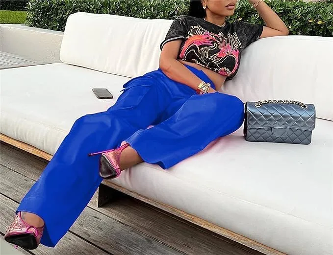 Satin Cargo Pants for Women High Waisted Wide Leg Trouser Multiple Pockets