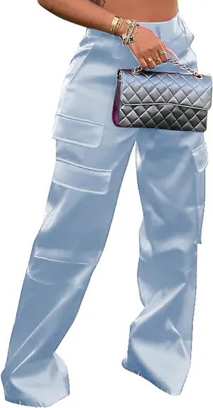 Satin Cargo Pants for Women High Waisted Wide Leg Trouser Multiple Pockets