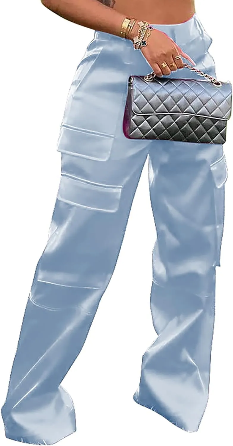 Satin Cargo Pants for Women High Waisted Wide Leg Trouser Multiple Pockets