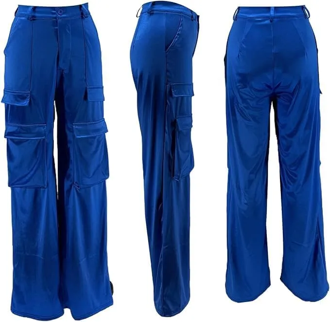 Satin Cargo Pants for Women High Waisted Wide Leg Trouser Multiple Pockets
