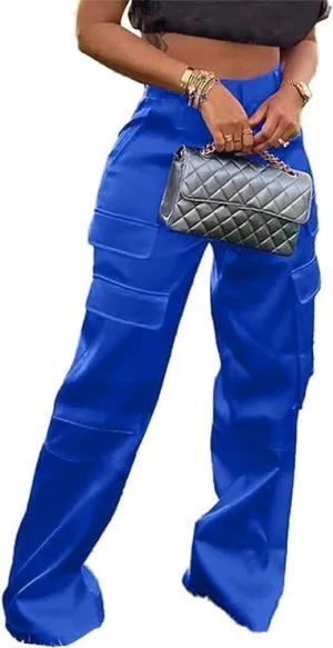 Satin Cargo Pants for Women High Waisted Wide Leg Trouser Multiple Pockets