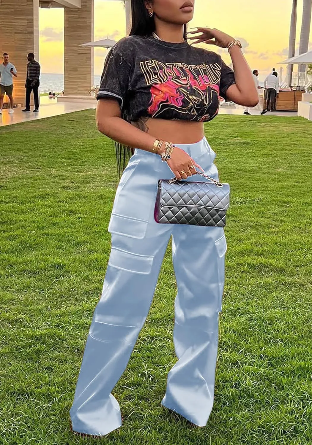 Satin Cargo Pants for Women High Waisted Wide Leg Trouser Multiple Pockets