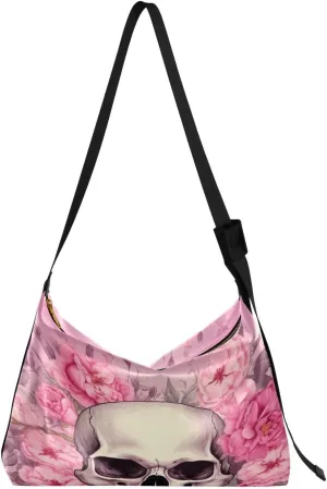 Skull Flower Pink Tote Bag for Women Large Hobo Bags Hobo Crossbody Bags Leather Hobo Bags with Adjustable Strap for Girl