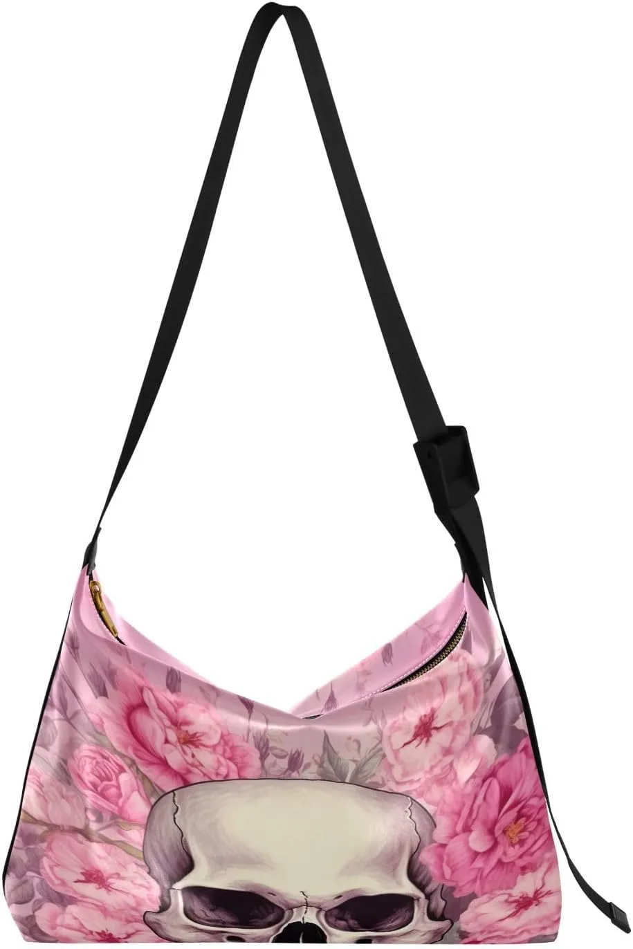 Skull Flower Pink Tote Bag for Women Large Hobo Bags Hobo Crossbody Bags Leather Hobo Bags with Adjustable Strap for Girl