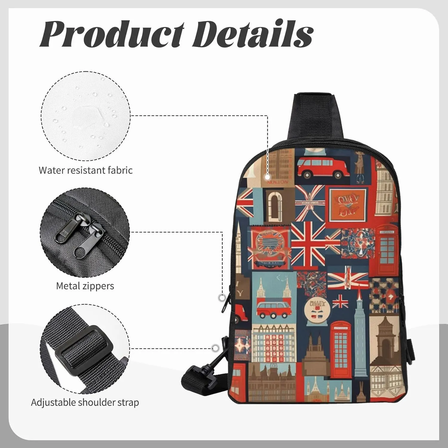 Sling bag for Women Men Trendy Sling Bakpack Casual Chest Bag England Symbols Fanny Pack for Travel Hiking